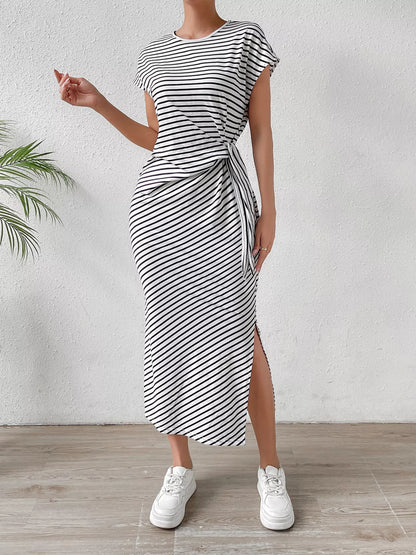Striped Tie Side Casual Midi Dress