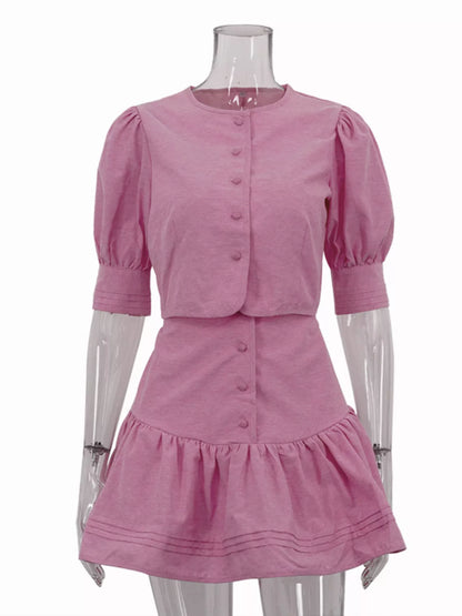 Puff Sleeve Cropped Top and Ruffled Skirt Set