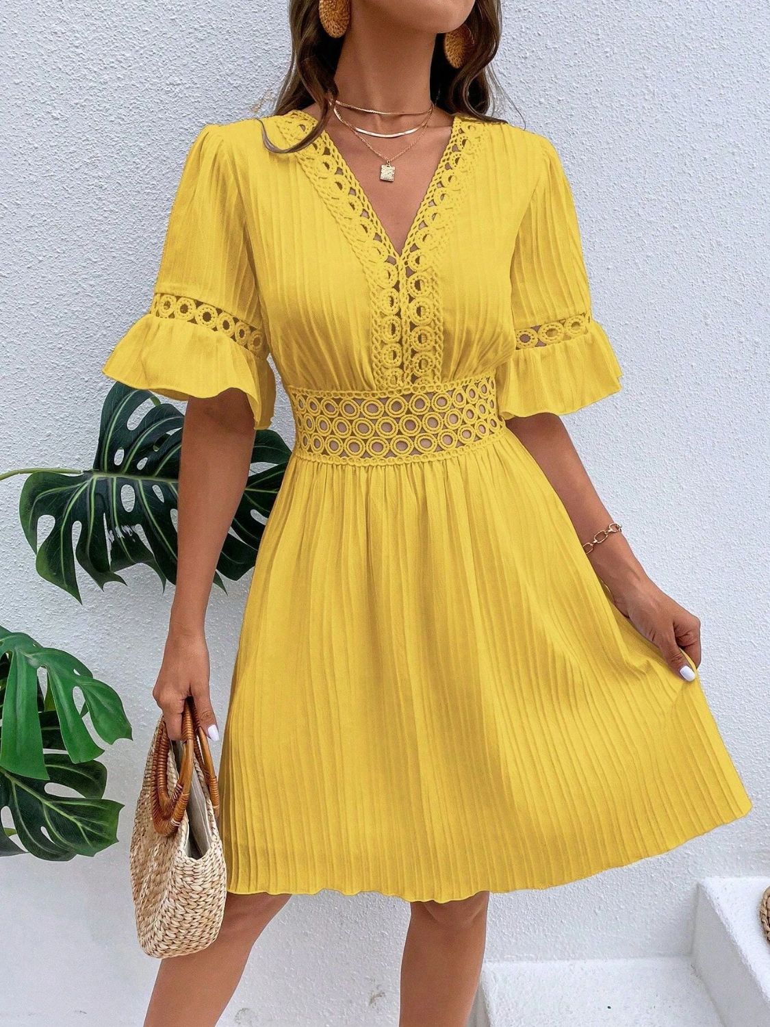 V-Neck Flounce Sleeve Mini Dress