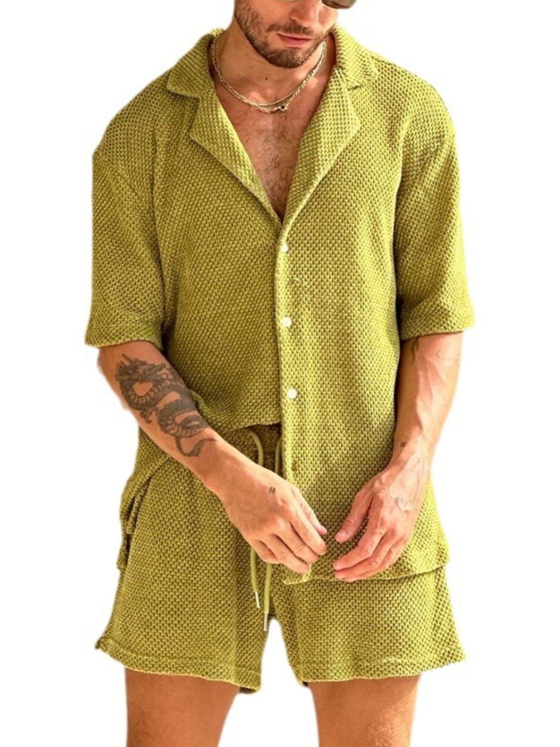 Men's Plus Size Button Down Shorts Set