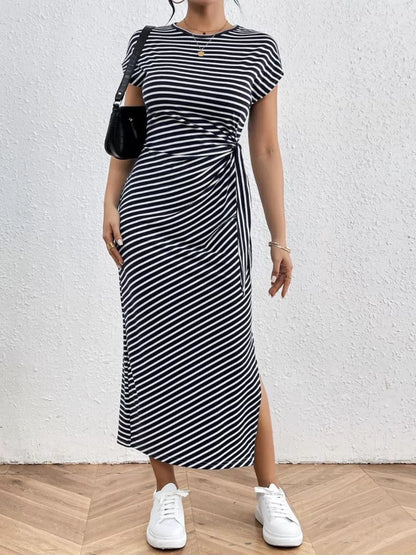 Striped Tie Side Casual Midi Dress
