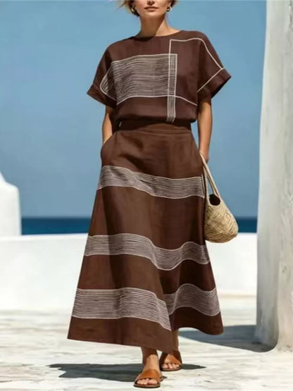 Full Size Striped Round Neck Top and Skirt Set Plus Size