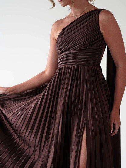 One-Shoulder Pleated Slit Dress