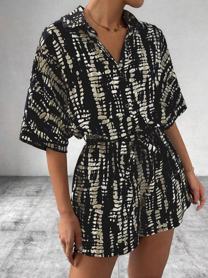 Striped Button-Up Belted Romper