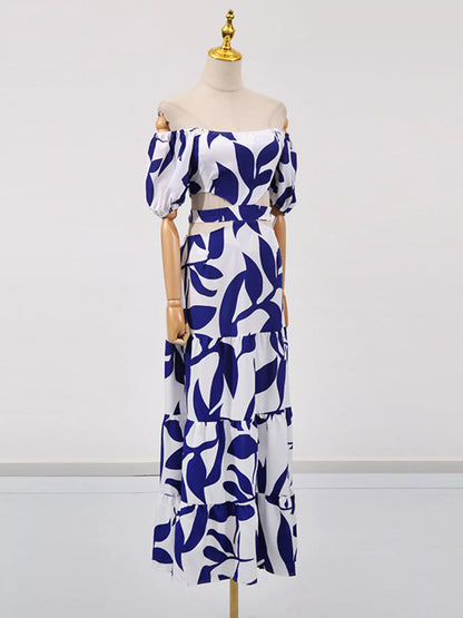 Off-Shoulder Cutout Leaf Print Dress