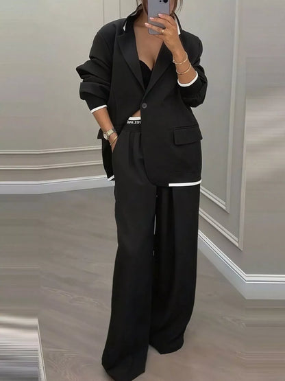 Full Size One Button Blazer & Wide Leg Pants Set Plus Size
