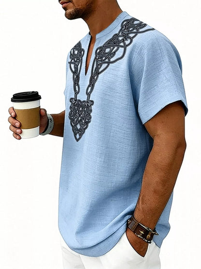 Men's Full Size Notched Printed Short Sleeve Blouse Plus Size