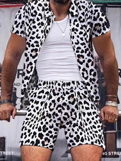 Men's Leopard Button Up Shirt and Shorts Set