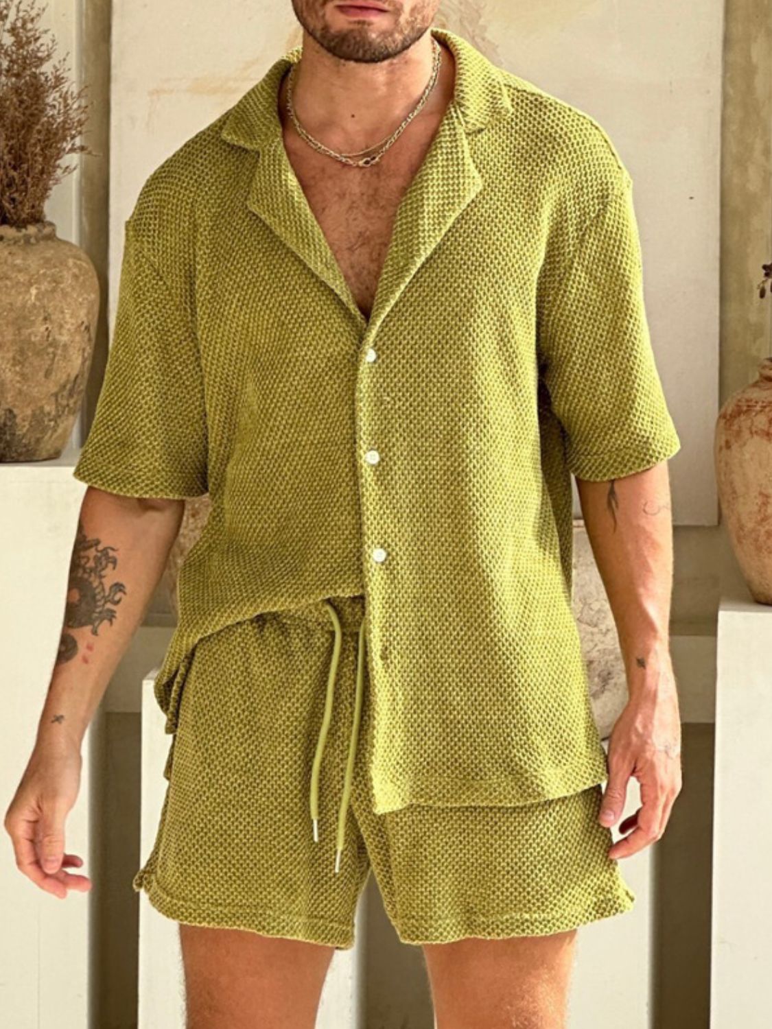 Men's Plus Size Button Down Shorts Set