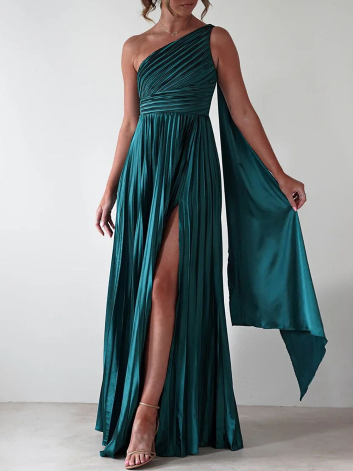 One-Shoulder Pleated Slit Dress
