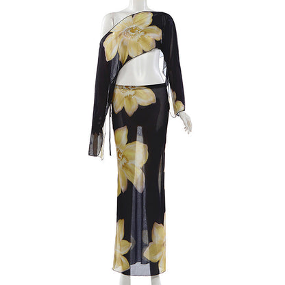 One shoulder crop top, high waisted drawstring printed long skirt