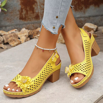 Floral Accent Block Heel Sandals