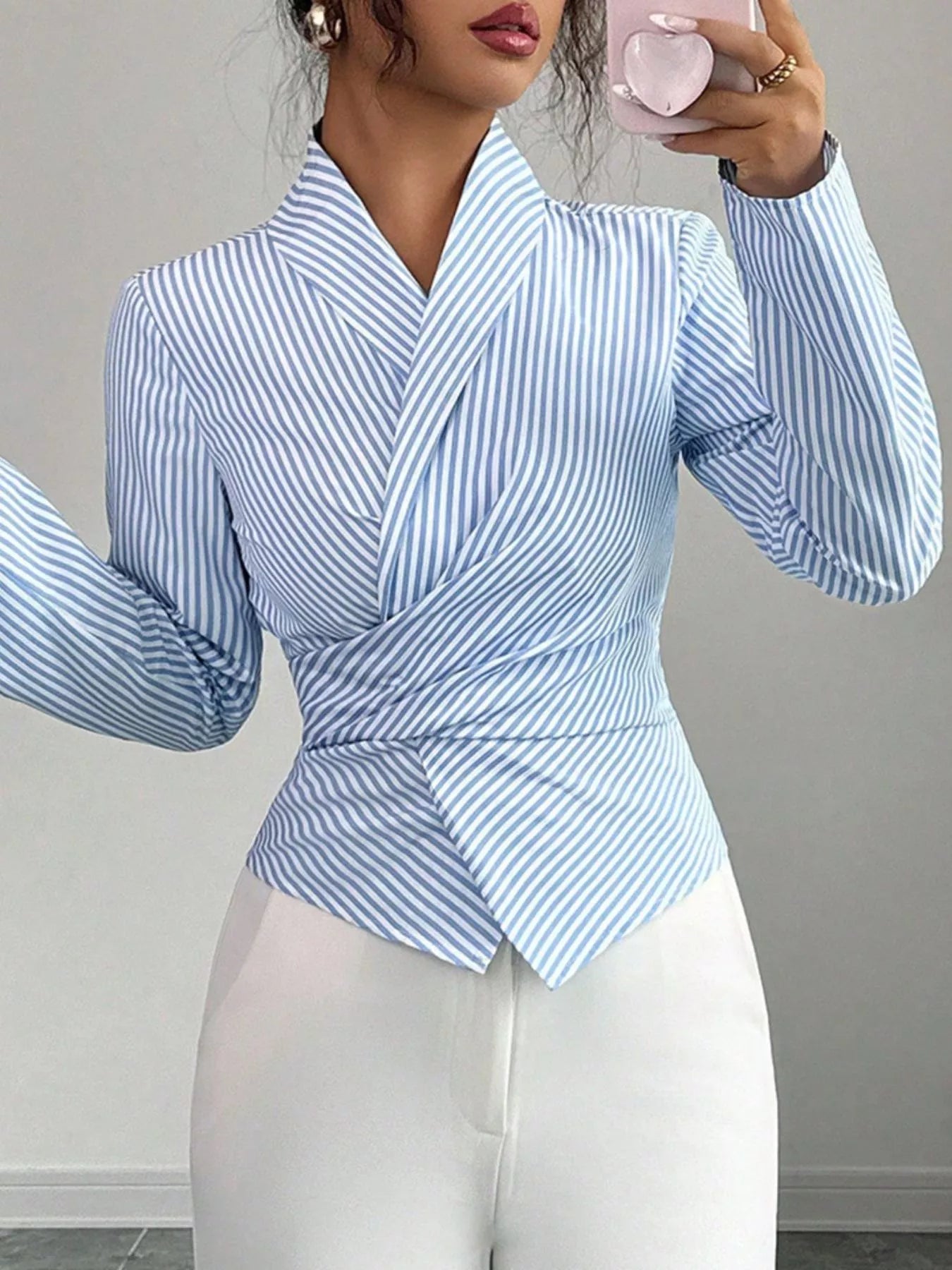 Striped Long Sleeve Wrap Blouse