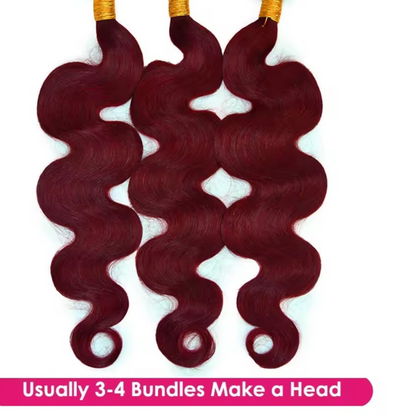 Three burgundy hair bundles with gold ties on a white background