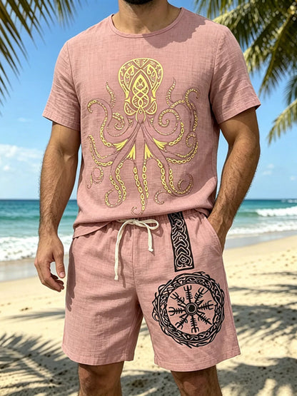 Men's Full Size Round Neck Tee and Shorts Set Plus Size