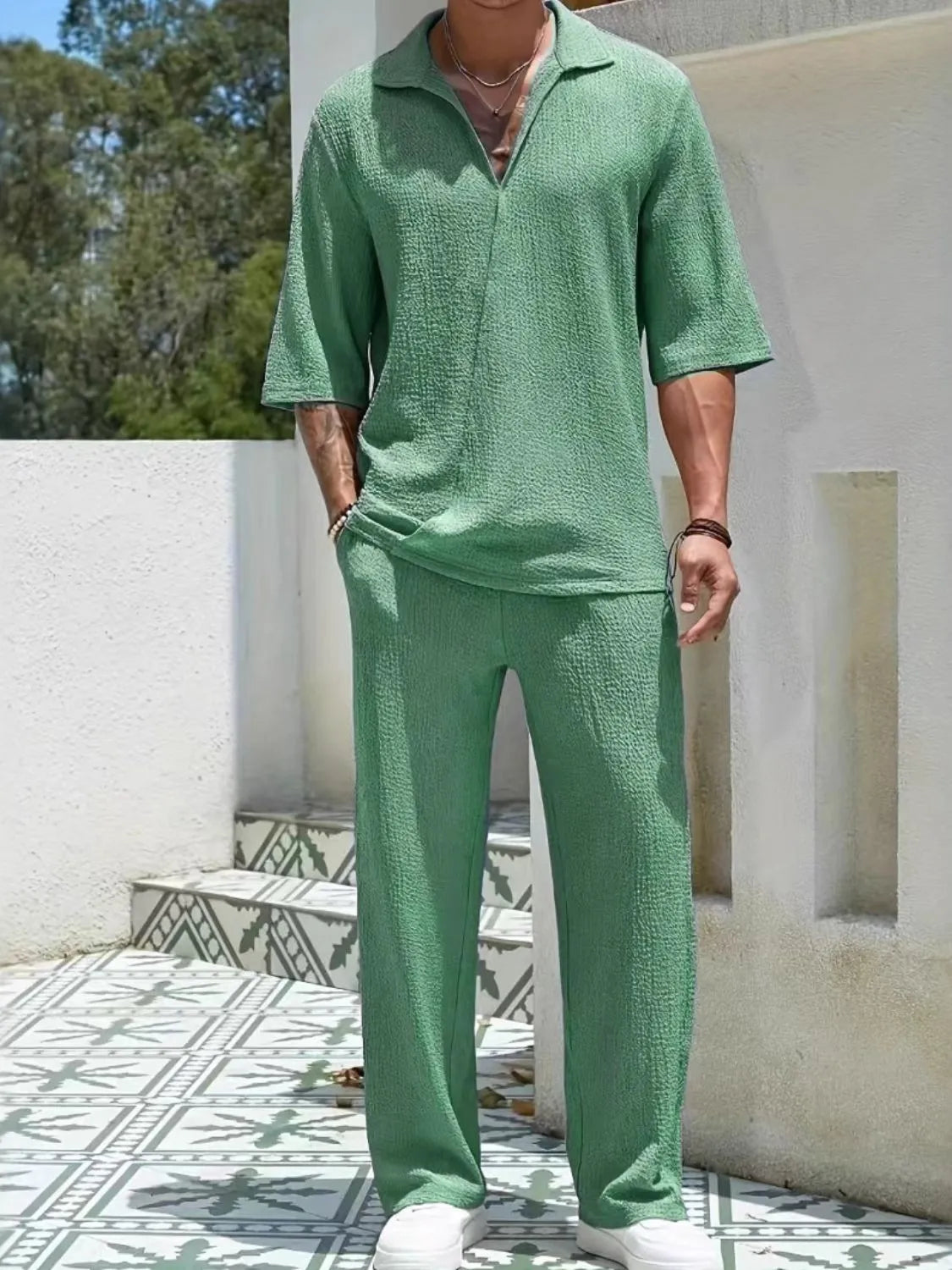 Men's Collar Half Sleeve Top and Pants Set