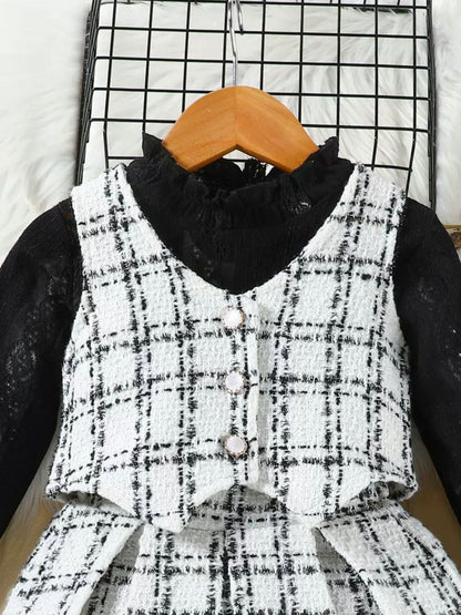 Children's Long Sleeve Top & Plaid Vest & Pleated Skirt Set