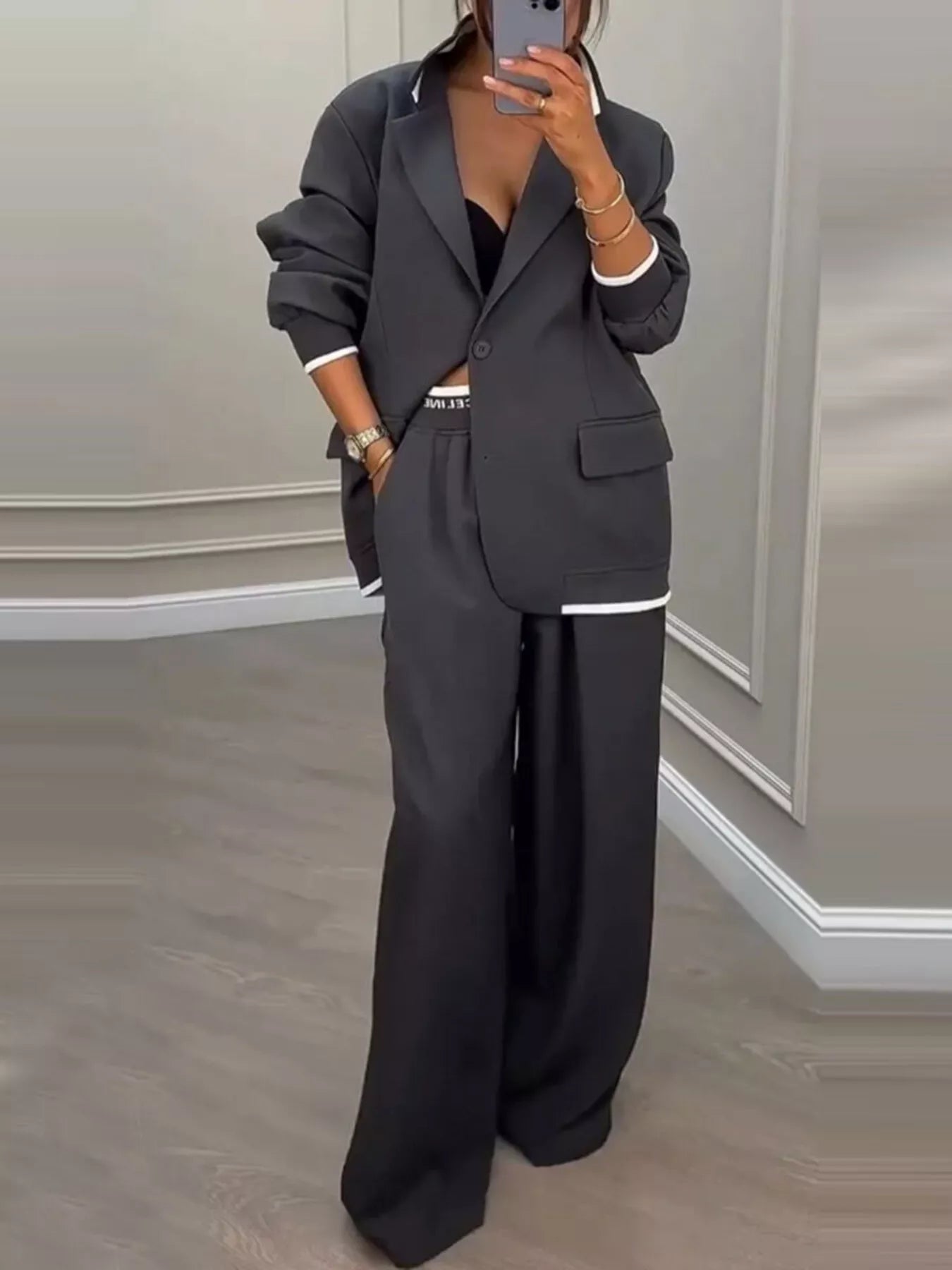Full Size One Button Blazer & Wide Leg Pants Set Plus Size
