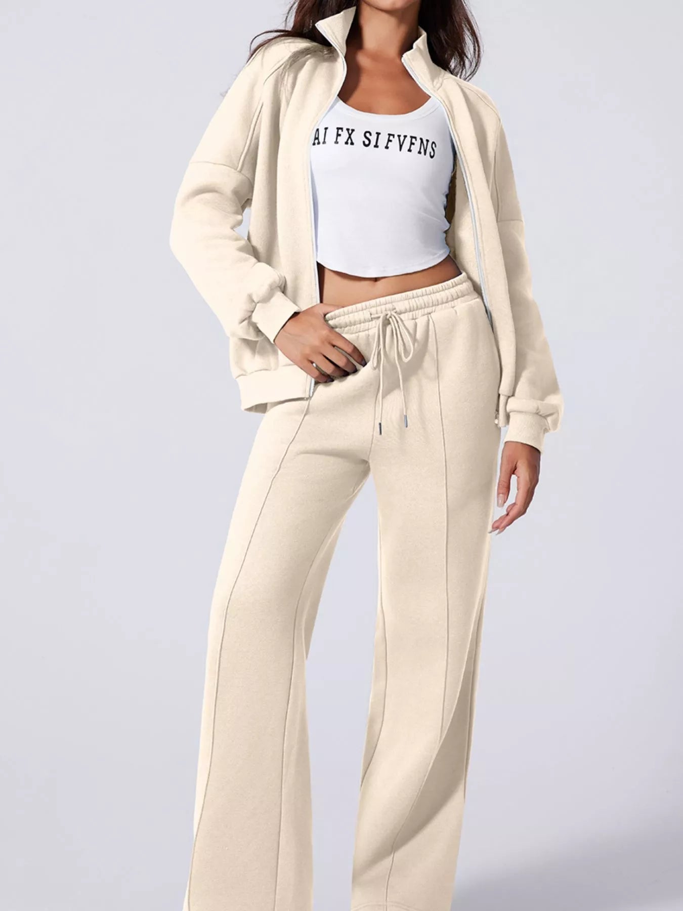 Drop Shoulder Zip Up Jacket and Drawstring Pants Active 2pcs Set