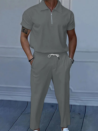 Men's Quarter Zip Short Sleeve Polo and Pants Set