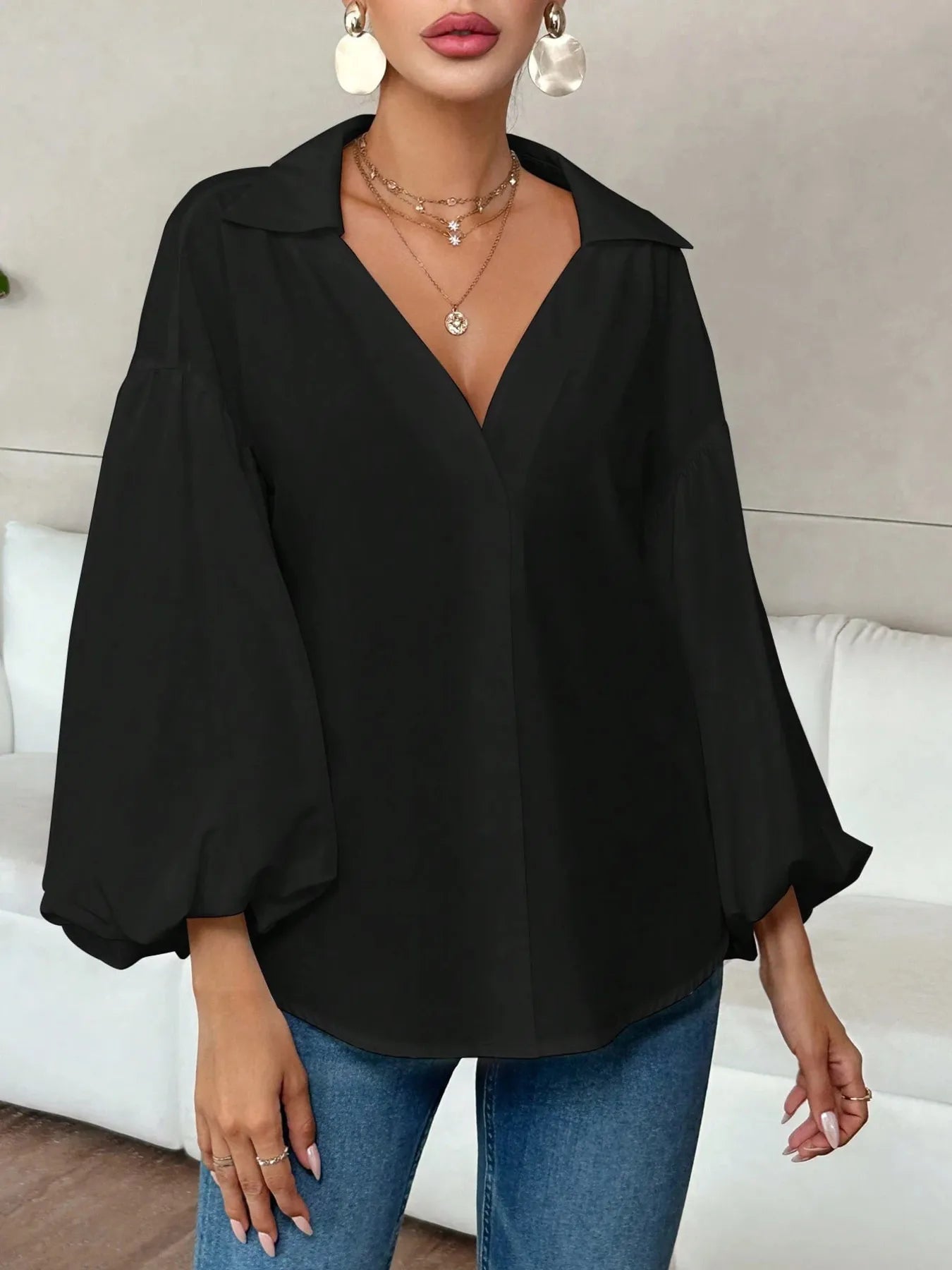 Polka Dot Balloon Sleeve Blouse