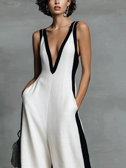 Deep V-Neck Wide-Leg Jumpsuit