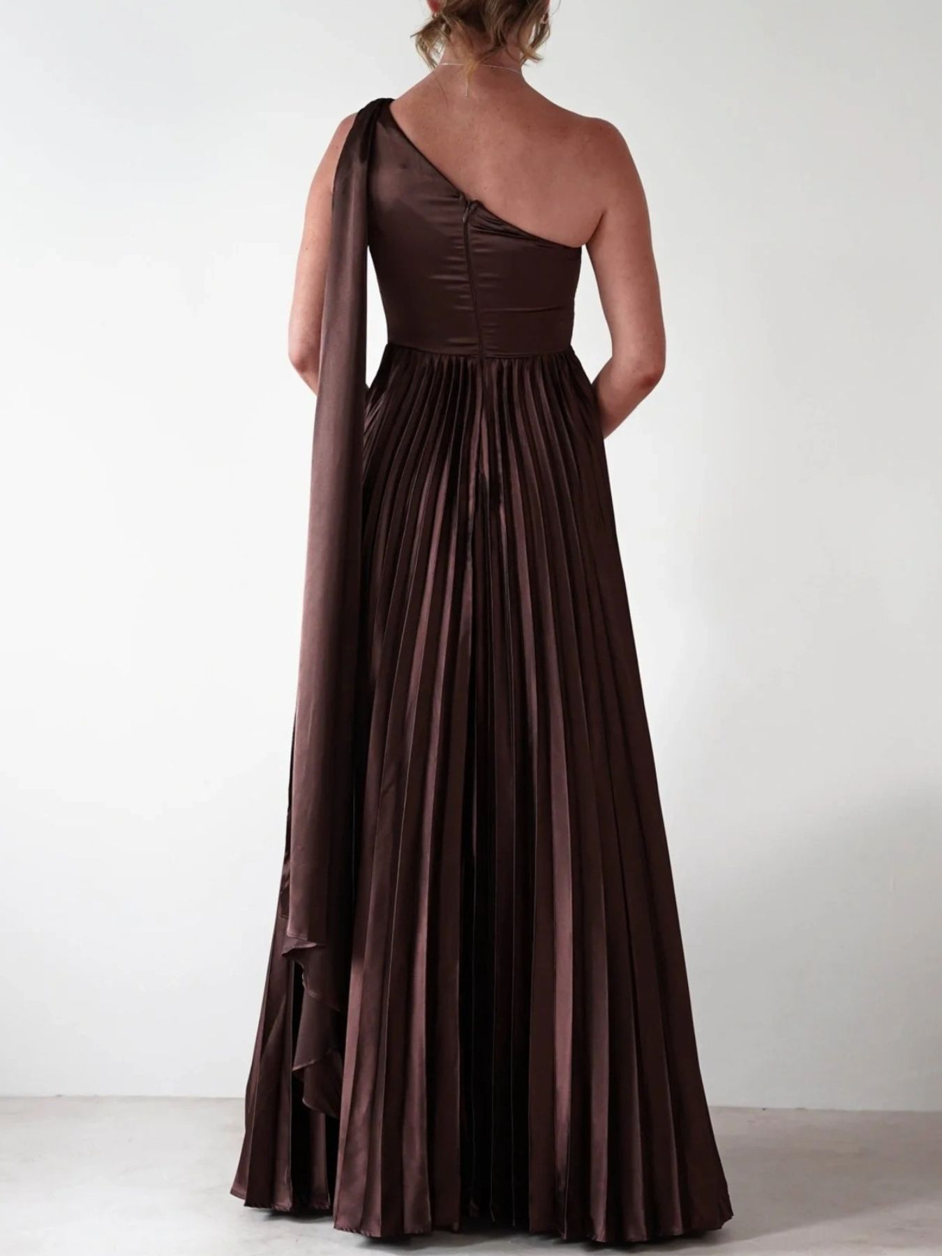 One-Shoulder Pleated Slit Dress