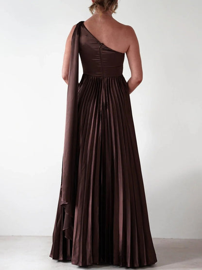 One-Shoulder Pleated Slit Dress