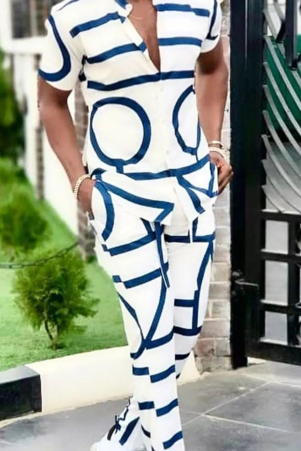 Men's Geo Print Short Sleeve Top and Pants Set