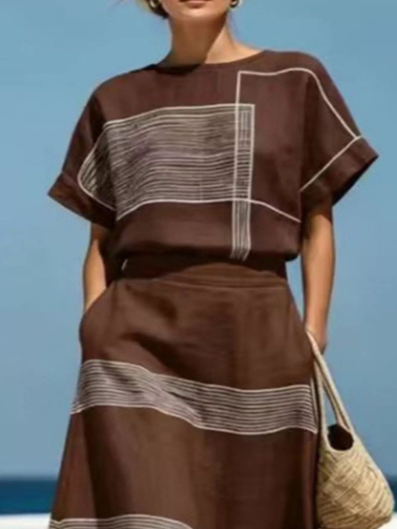 Full Size Striped Round Neck Top and Skirt Set Plus Size