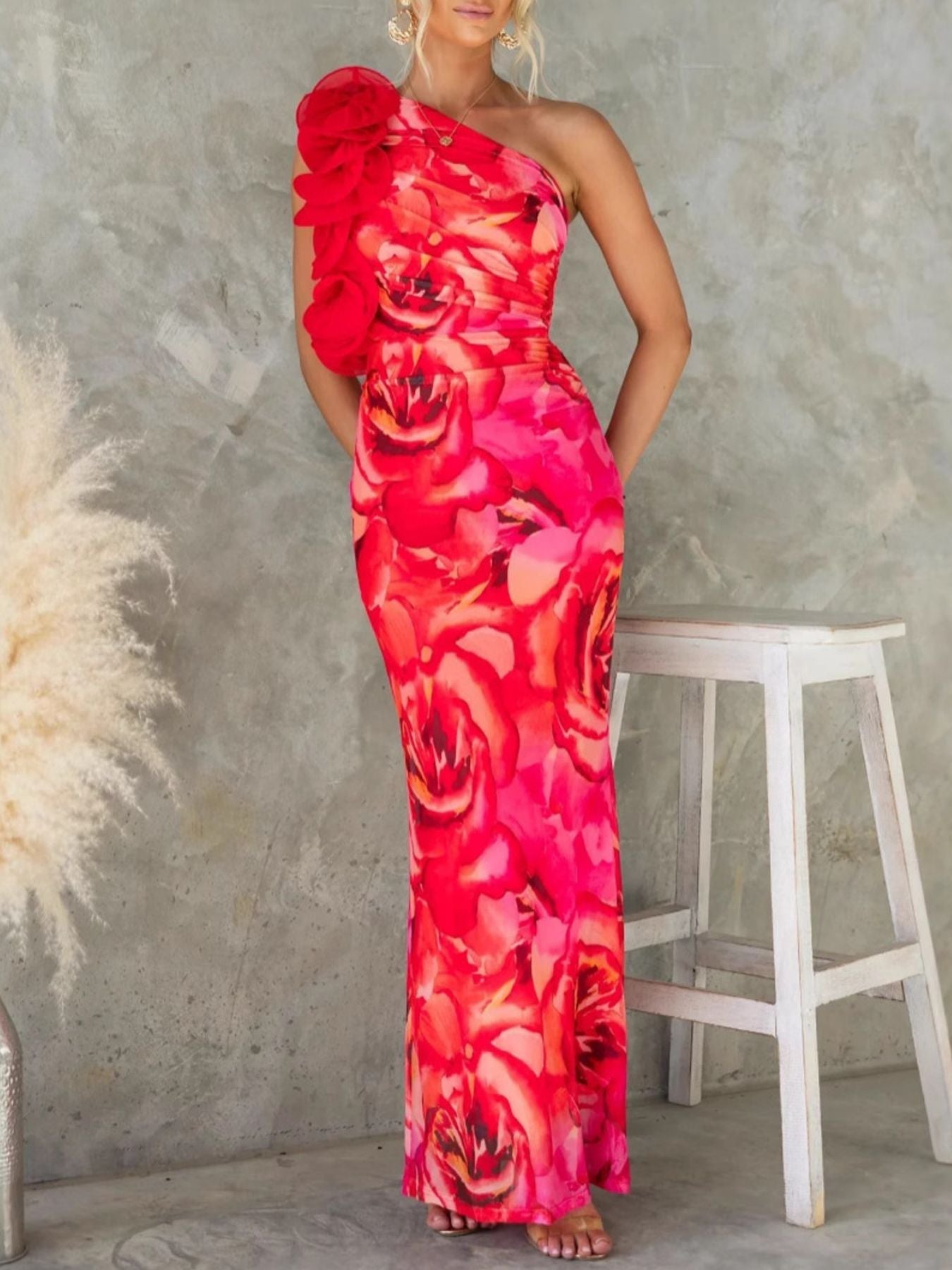 Floral Print One-Shoulder Dress