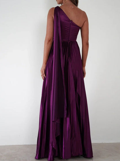 One-Shoulder Pleated Slit Dress