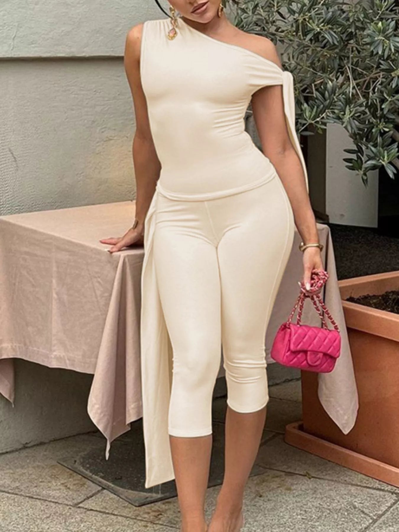 Asymmetrical One-Shoulder Top and Capris Set