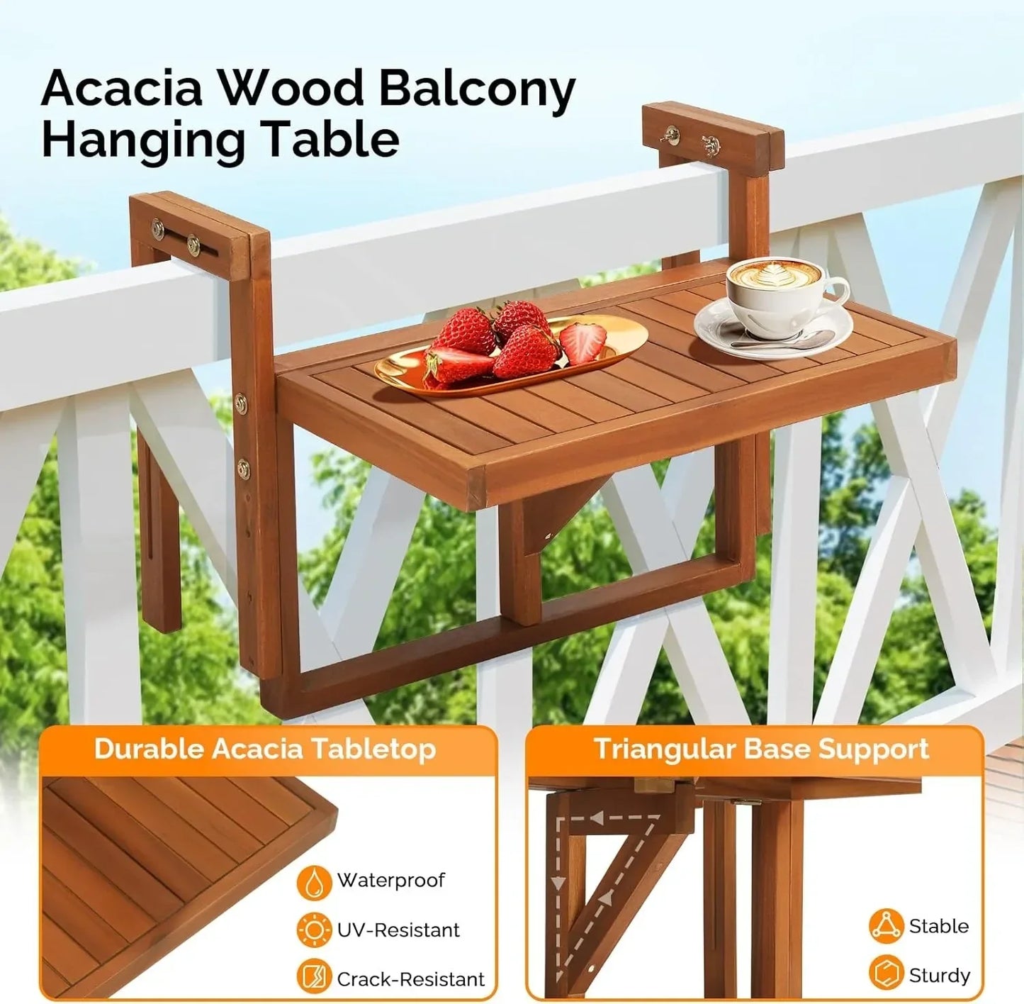 Acacia Wood Folding Balcony Hanging Table