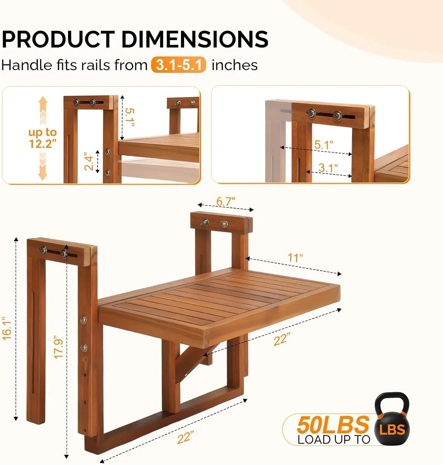 Acacia Wood Folding Balcony Hanging Table