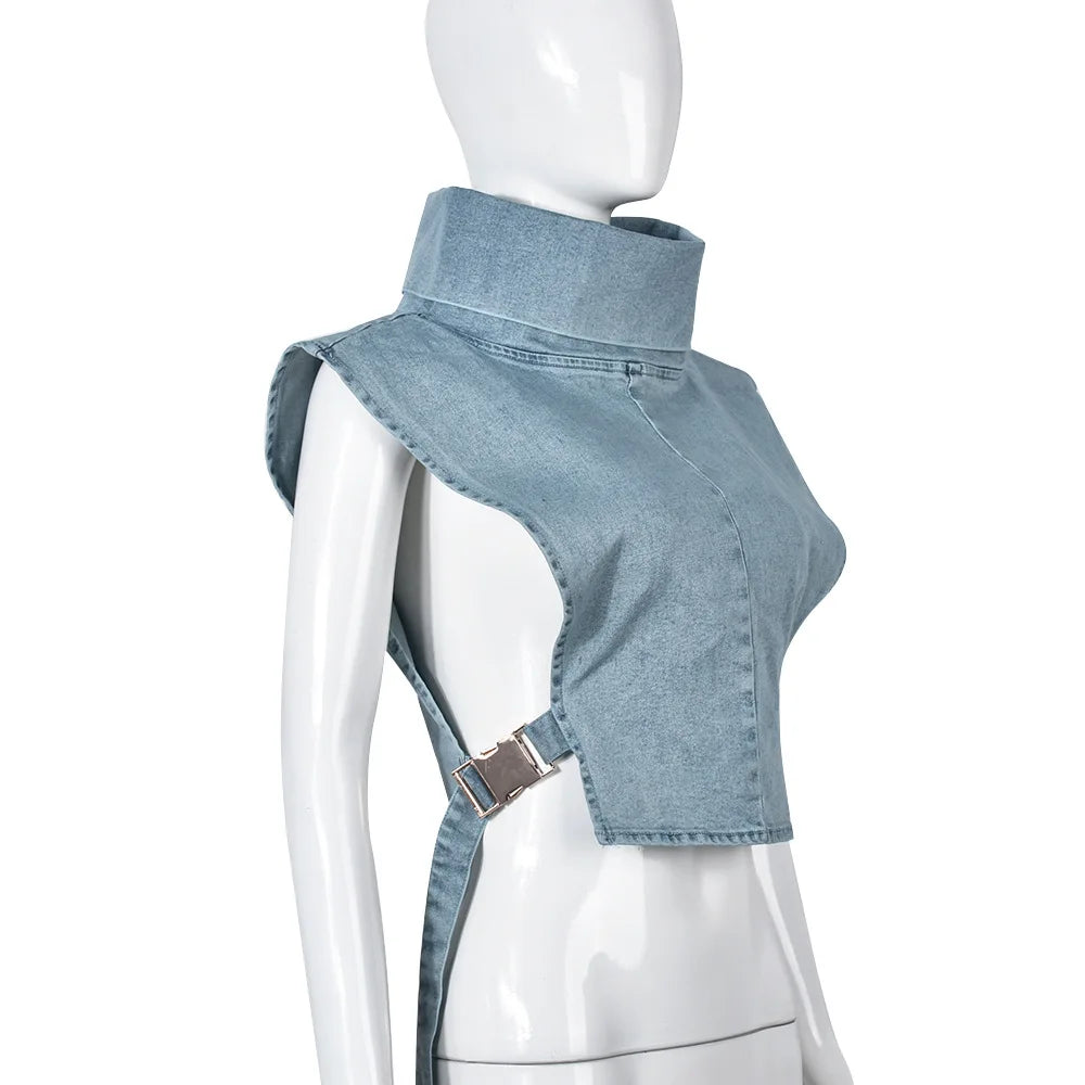Denim Strapless Jacket Stand Collar Crop Top for Women