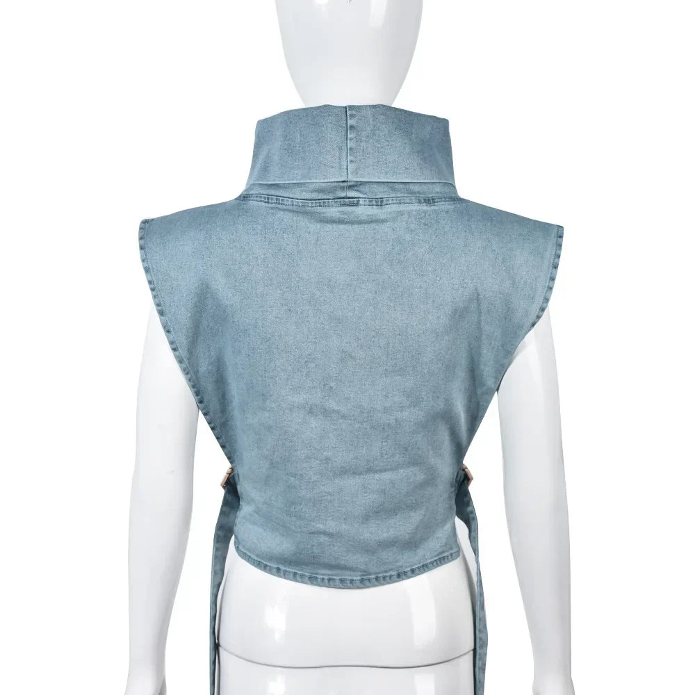 Denim Strapless Jacket Stand Collar Crop Top for Women