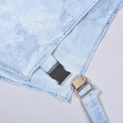 Denim Strapless Jacket Stand Collar Crop Top for Women