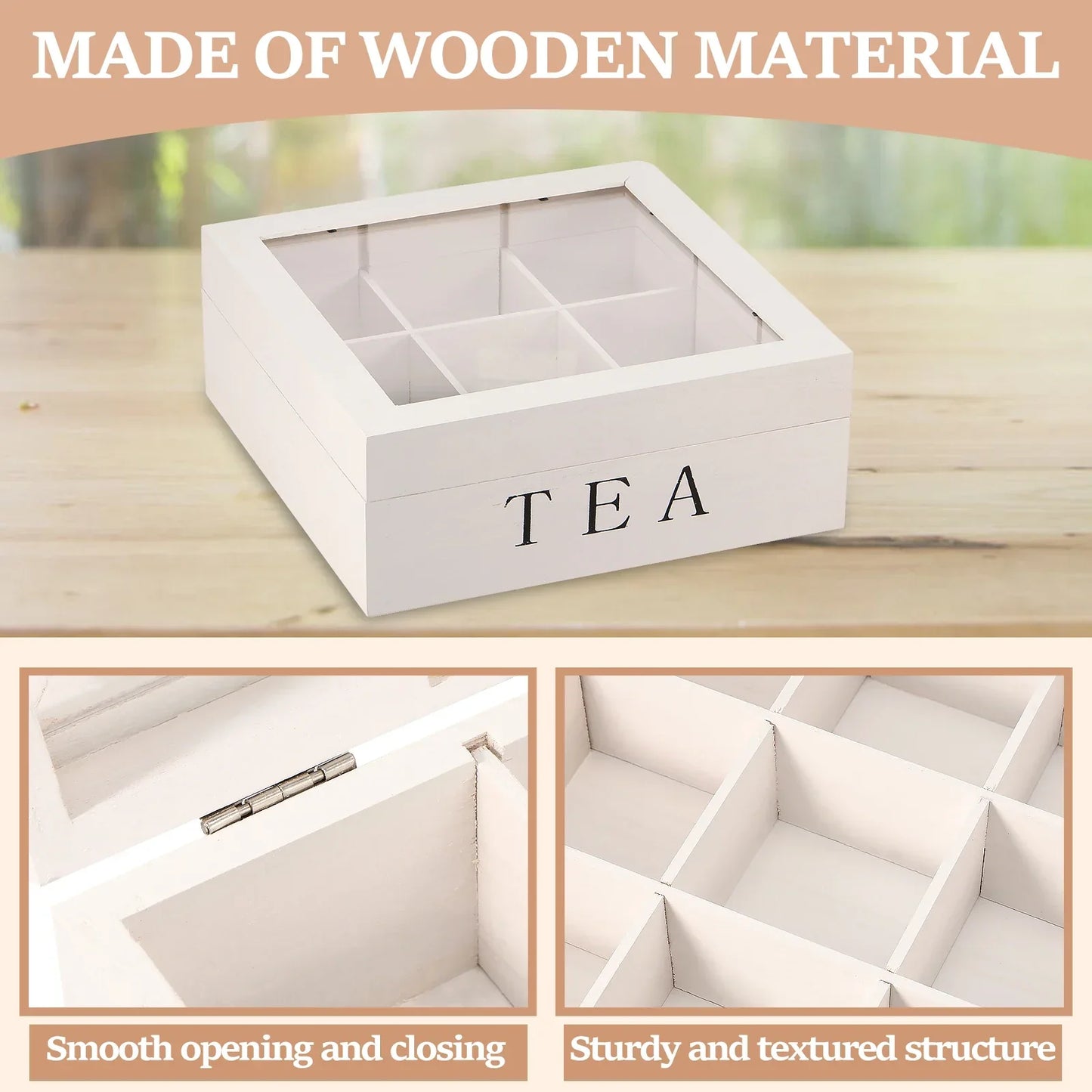 Wood Tea Bag Storage Box with Clear Lid 9 Compartments