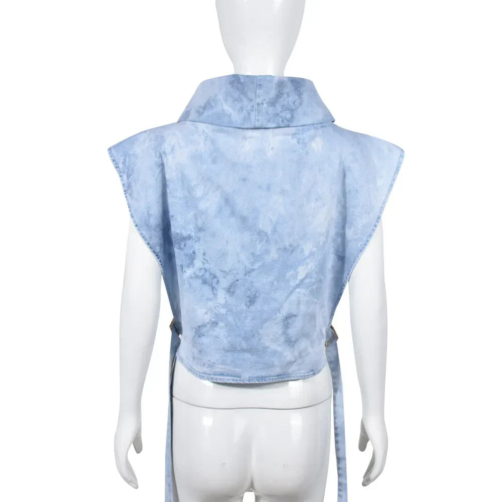 Denim Strapless Jacket Stand Collar Crop Top for Women