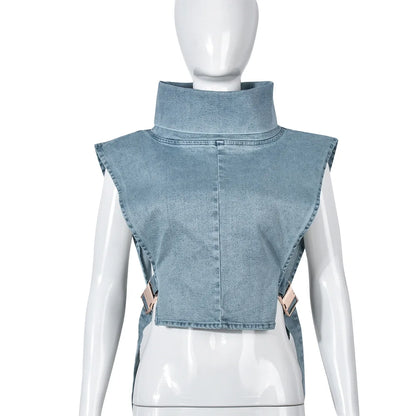 Denim Strapless Jacket Stand Collar Crop Top for Women