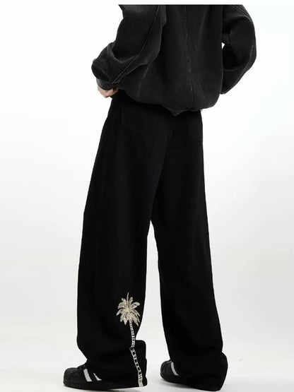 Men's Embroidered Palm Tree Wide Leg Jeans