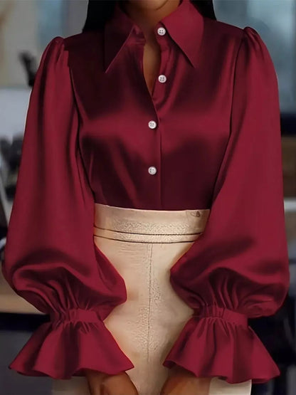 Satin Button Up Flounce Sleeve Shirt