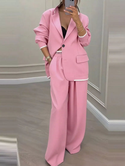 Full Size One Button Blazer & Wide Leg Pants Set Plus Size