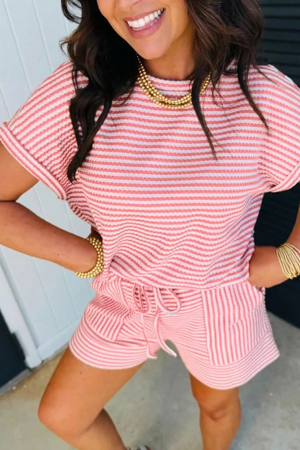 Stripe Breathable Textured Knit Short Set