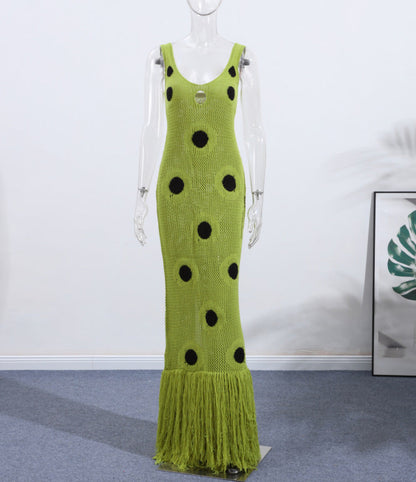 Polka Dot knitted dress with tassel suspender long skirt