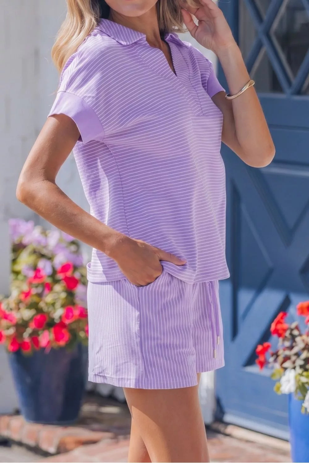 Stripe Polo Shirt and Drawstring Shorts Set