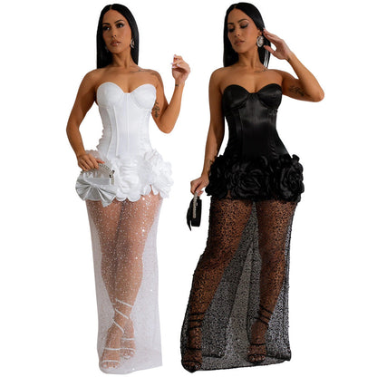 Strapless patchwork mesh skirt dress