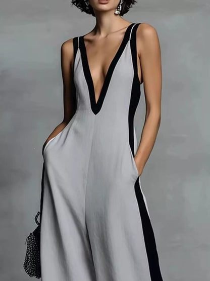 Deep V-Neck Wide-Leg Jumpsuit