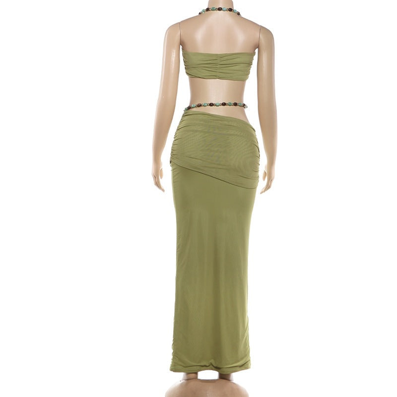 Sleeveless neck hanging small suspender high waisted hip hugging skirt